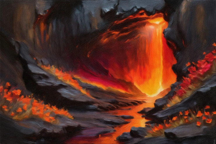 Captivating Lava Cave With Fiery Magma Streams And Wildflowers Growing In Contrast (PRT-16861-111023) - Canvas Art Print - 36in X 24in