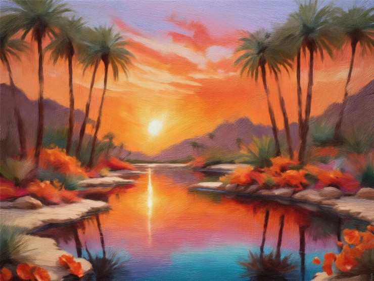 Majestic Desert Oasis With Date Palms And Hibiscus, Fiery Orange Skies Above (PRT-16861-111031) - Canvas Art Print - 36in X 27in