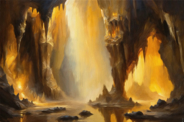 Shimmering Stalactites Glow In An Ancient Cave (PRT-16861-111002) - Canvas Art Print - 36in X 24in