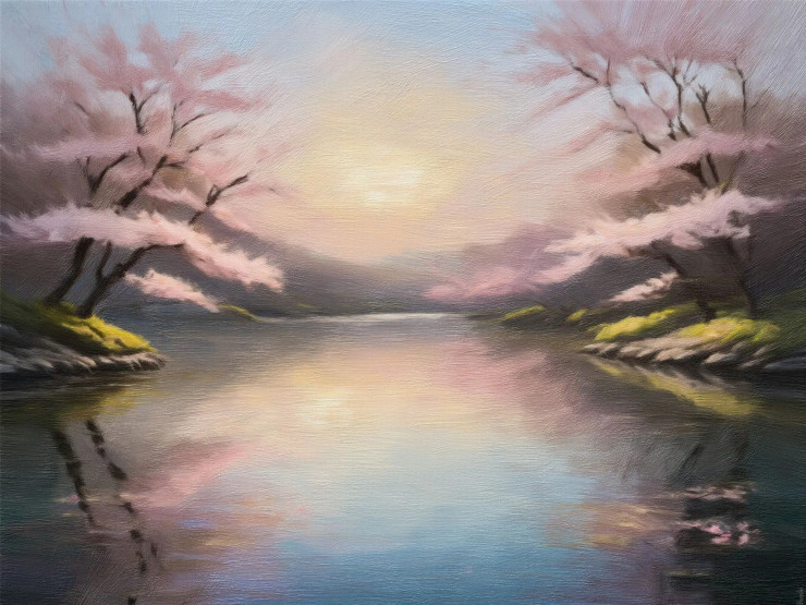 Majestic Lake Reflected In Cherry Blossoms Under Soft And Golden Lighting (PRT-16861-111028) - Canvas Art Print - 36in X 27in
