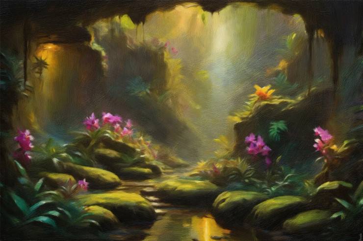 Radiant Jungle Cave With Glowing Orchids And Moss Creating A Magical Scene (PRT-16861-111017) - Canvas Art Print - 36in X 24in