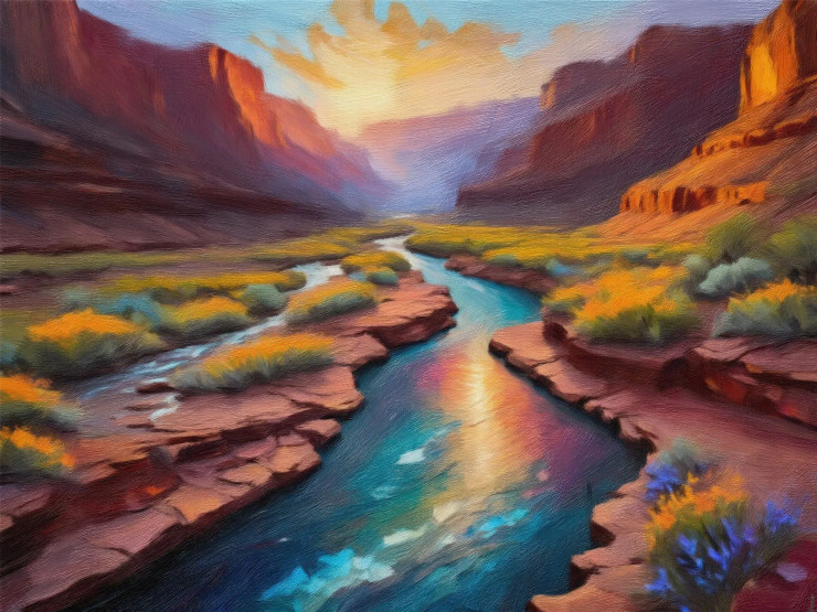 Grand Canyon River Scene With Blooming Wildflowers And Fiery Canyon Walls (PRT-16861-111024) - Canvas Art Print - 36in X 27in