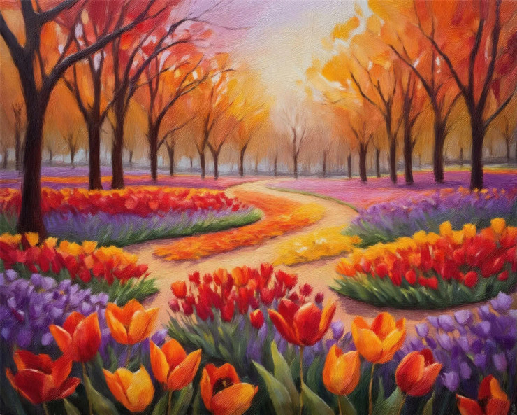 Fiery Tulips Dance In A Park Of Warm And Inviting Colors 01 (PRT-16861-111054) - Canvas Art Print - 36in X 29in