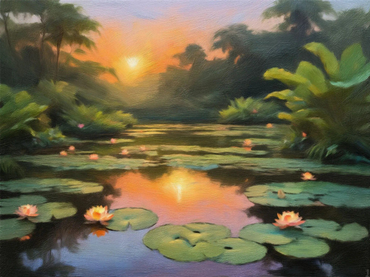 A Masterpiece Of Tranquility: Lotus Pond In Lush Greenery At Sunset (PRT-16861-111083) - Canvas Art Print - 36in X 27in
