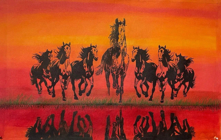 Seven Dark Horses (ART-16977-111093) - Handpainted Art Painting - 34in X 23in