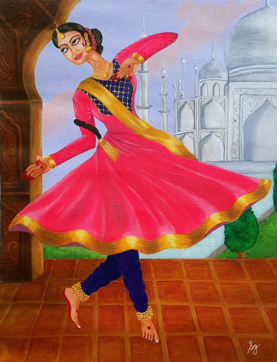Indian Classical Dance Series: KATHAK (ART-8835-111099) - Handpainted Art Painting - 14in X 18in