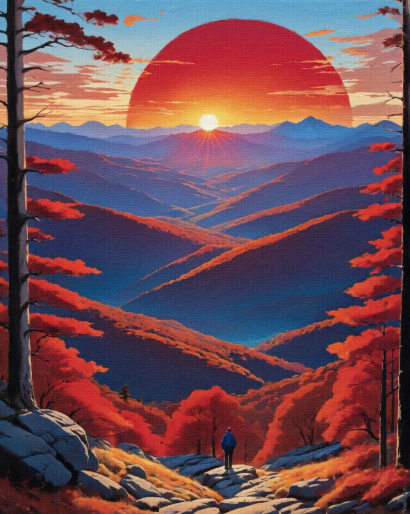 Red Sun And Blue Mountains (PRT-15697-110983) - Canvas Art Print - 48in X 60in