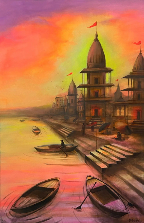 Banaras Ghat (ART-3512-111290) - Handpainted Art Painting - 28in X 43in