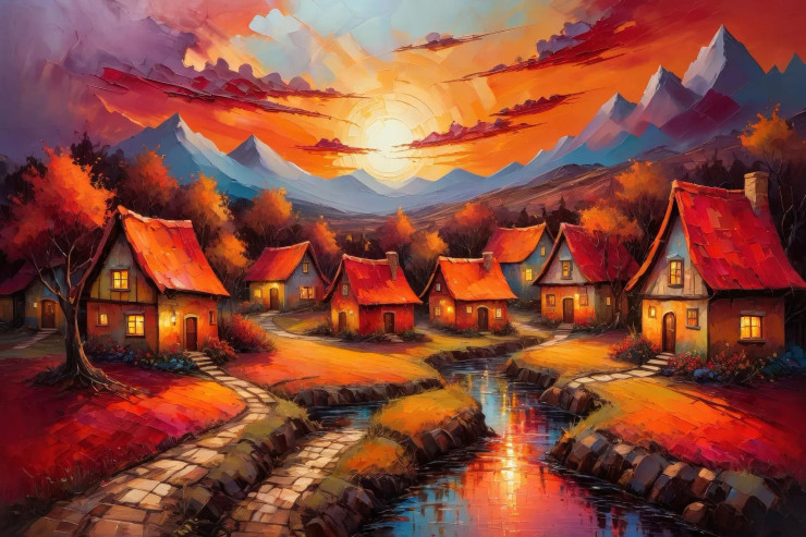 Swirling Skies And Glowing Rooftops 03 (PRT-15697-111297) - Canvas Art Print - 48in X 32in