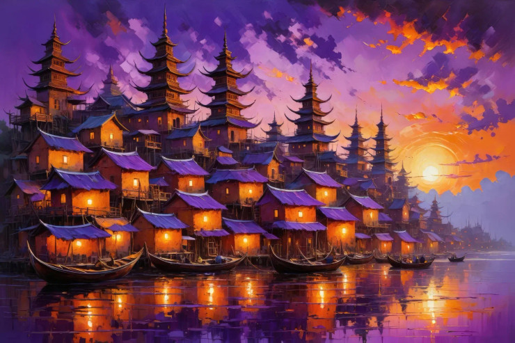 Swirling Skies And Glowing Rooftops 02 (PRT-15697-111296) - Canvas Art Print - 48in X 32in