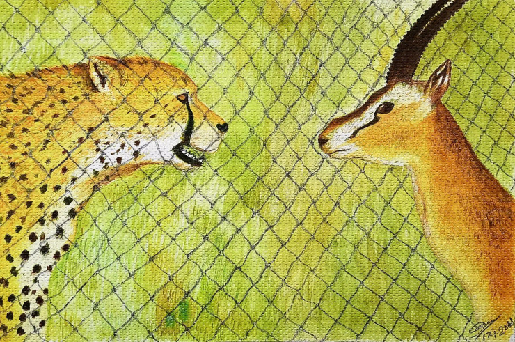 The Predator And The Prey (ART-5960-111038) - Handpainted Art Painting - 11in X 8in