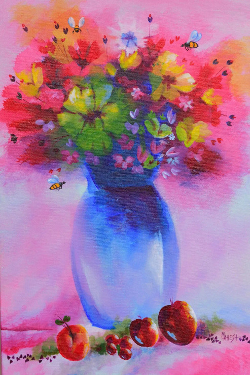 Still Life, (276) Vase Of Flowers, Vibrant Abstract (ART-15639-111592) - Handpainted Art Painting - 12in X 18in
