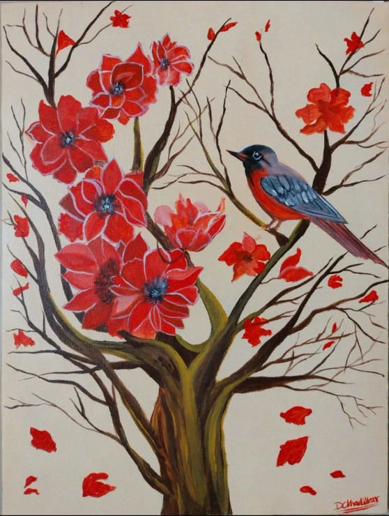 Sparrow On The Tree (ART-17026-111725) - Handpainted Art Painting - 12in X 16in