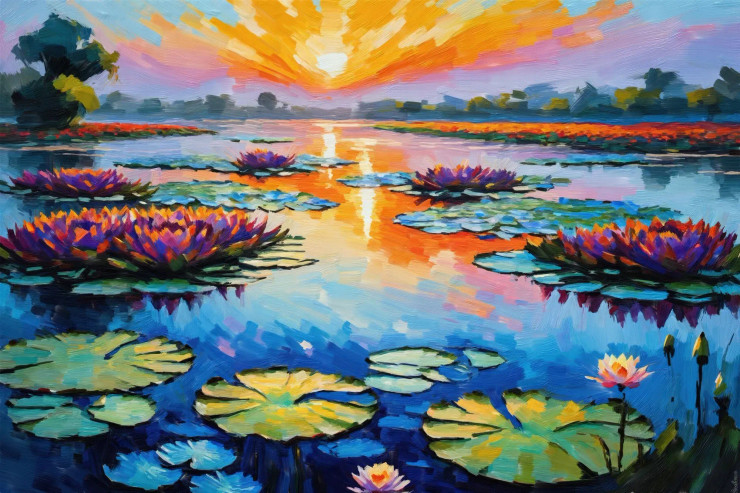 Blue Lilies Under Fiery Skies (PRT-15697-111801) - Canvas Art Print - 36in X 24in