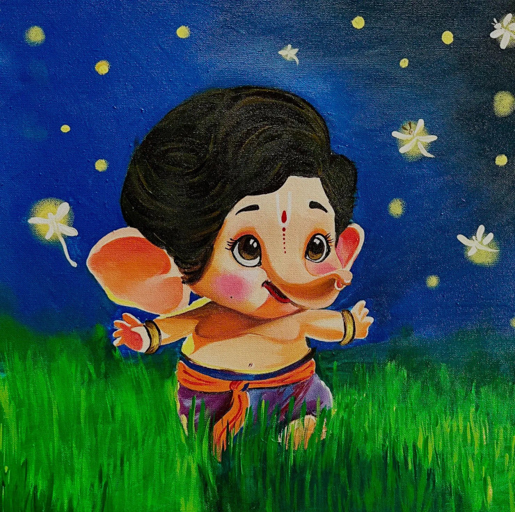 Cute Ganesha Playing With Fireflies (PRT-15908-111858) - Canvas Art Print - 18in X 18in