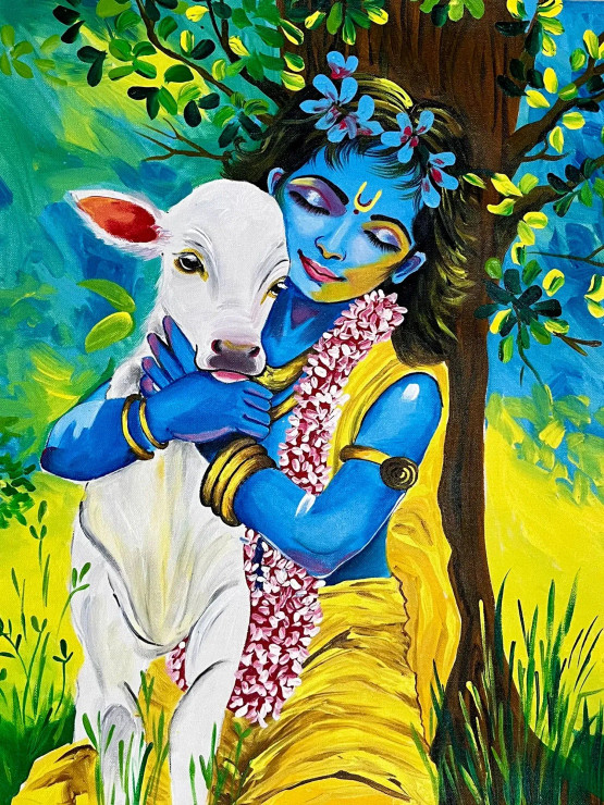 Krishna With Cow 1 (PRT-15908-111859) - Canvas Art Print - 18in X 24in