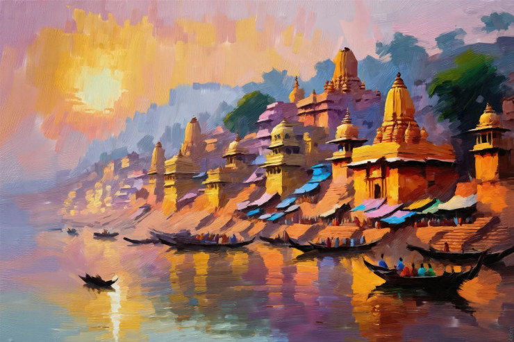 Reflections Of Varanasi's Eternal Glow (PRT-15697-111791) - Canvas Art Print - 60in X 40in