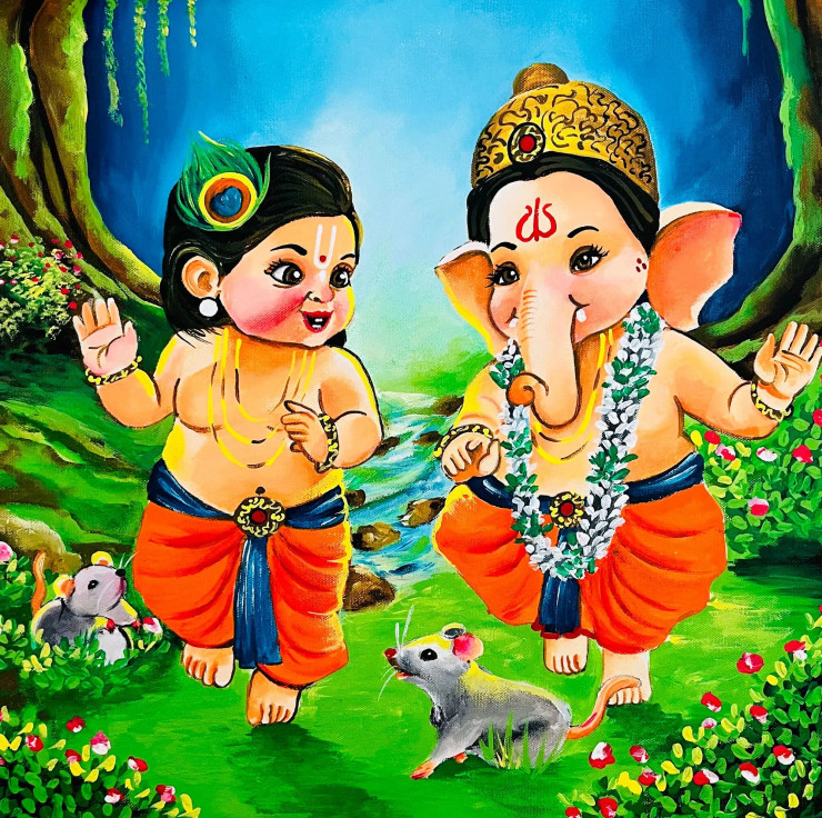 Shree Krishna And Ganesha In Forest (PRT-15908-111866) - Canvas Art Print - 18in X 18in