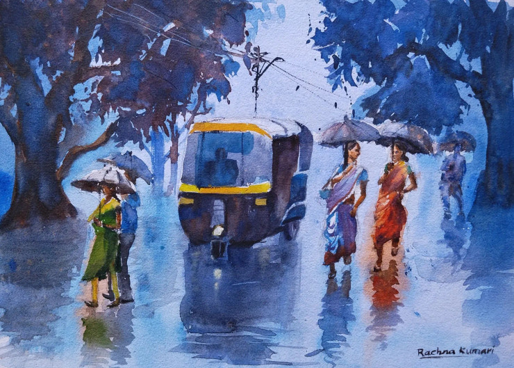 Monsoon Melody (ART-7389-111850) - Handpainted Art Painting - 13in X 10in