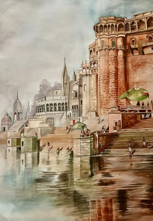 Banaras Ghat (ART-8171-111976) - Handpainted Art Painting - 21in X 29in