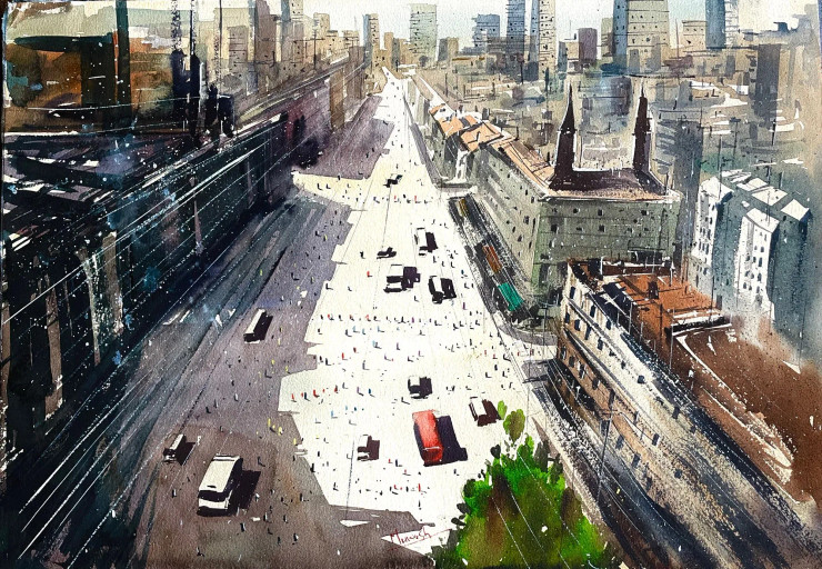 Top View Of City (ART-8987-111931) - Handpainted Art Painting - 20in X 14in