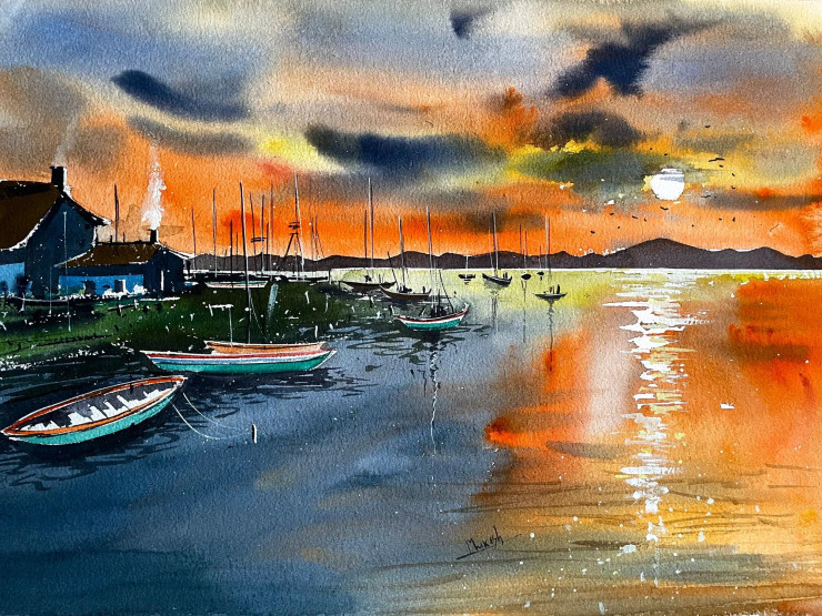 Sunset View (ART-8987-111938) - Handpainted Art Painting - 20in X 14in