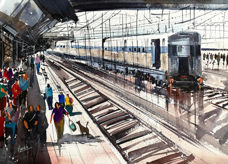 Rail Engine (ART-8987-111923) - Handpainted Art Painting - 20in X 14in