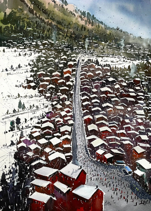 Hustle And Bustle Of Snow City (ART-8987-111947) - Handpainted Art Painting - 21in X 28in