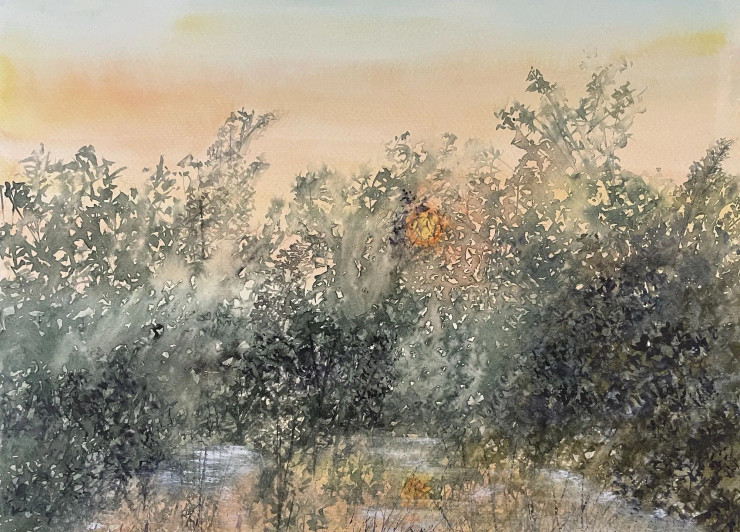 Misty Sunset (ART-8841-111974) - Handpainted Art Painting - 13in X 10in