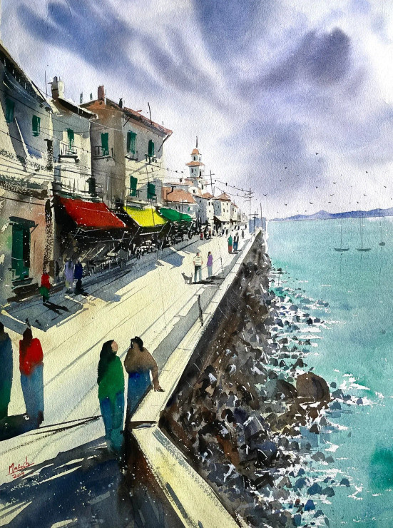 Seaside Morning Walk (ART-8987-111959) - Handpainted Art Painting - 21in X 28in