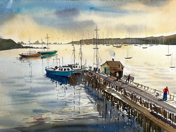 Seaside View With Boats (ART-8987-111932) - Handpainted Art Painting - 20in X 14in