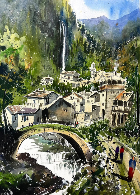 Waterfall Height (ART-8987-111952) - Handpainted Art Painting - 21in X 28in