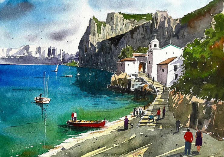 Seaside Church (ART-8987-111942) - Handpainted Art Painting - 20in X 14in