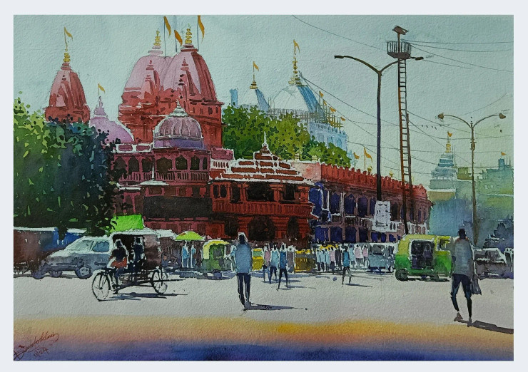 Indian Temple 2 (ART-8116-112112) - Handpainted Art Painting - 11in X 15in