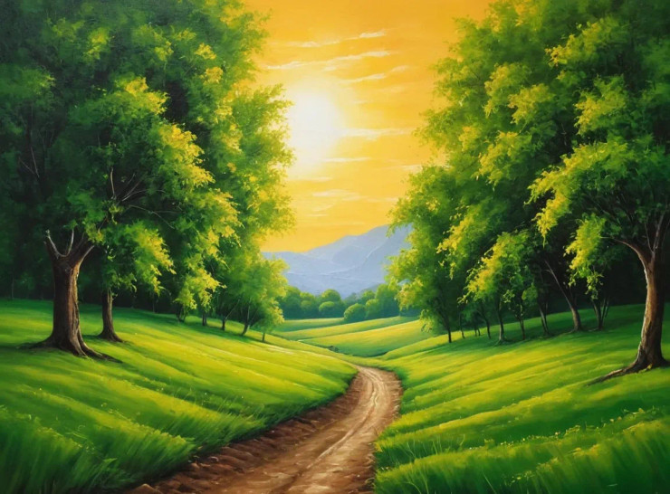 Nature's Heaven Sunrise Landscape Painting (ART-3319-112198) - Handpainted Art Painting - 36in X 24in