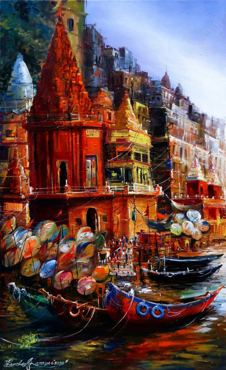 BANARAS GHAT (ART-17072-112095) - Handpainted Art Painting - 29in X 47in