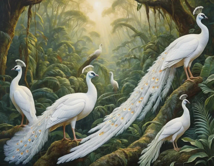 Beautiful White Peacocks In A Forest (ART-3319-112269) - Handpainted Art Painting - 40in X 30in