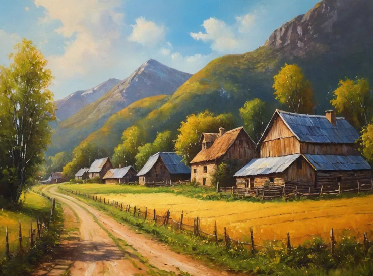 Nature's Heaven Mountains Village View Landscape Painting (ART-3319-112280) - Handpainted Art Painting - 48in X 24in