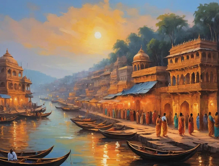 Varanasi Ghat Painting (ART-3319-112314) - Handpainted Art Painting - 40in X 30in