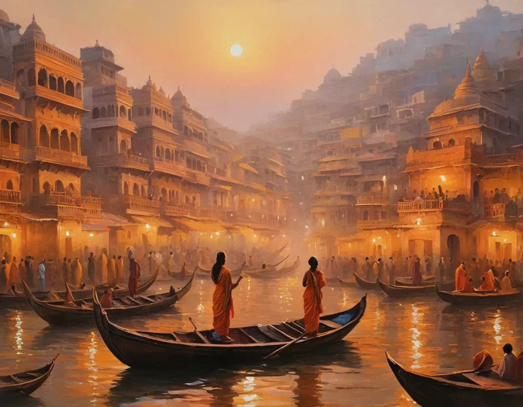 Banaras Ghat Painting (ART-3319-112317) - Handpainted Art Painting - 48in X 36in