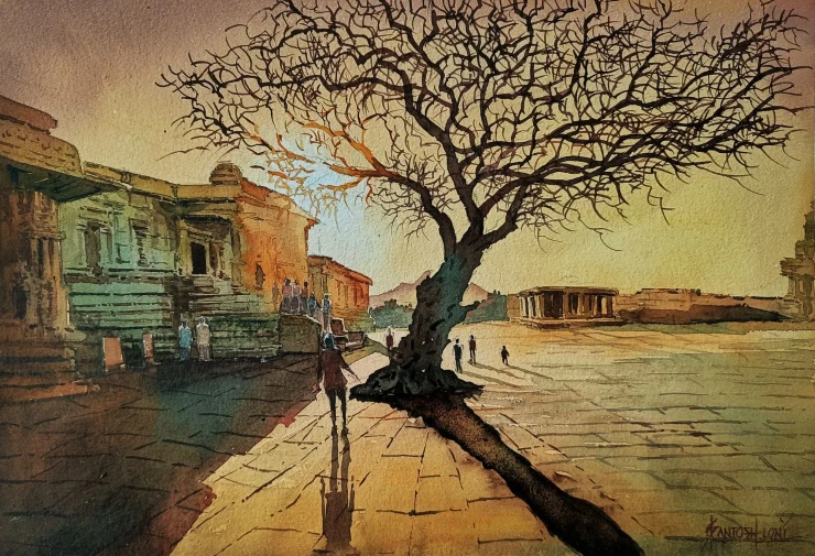 Hampi Shadows (ART-8116-112321) - Handpainted Art Painting - 15in X 11in