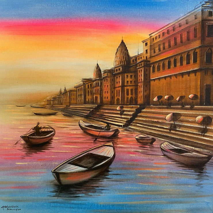 Banaras Ghat (ART-3512-112346) - Handpainted Art Painting - 20in X 20in