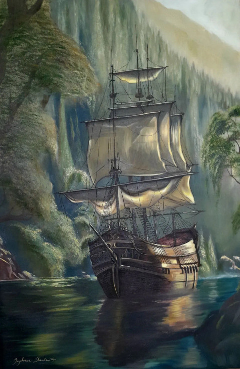 Sailing Through The River Of Time: A Journey Beyond Horizons (ART-17103-112364) - Handpainted Art Painting - 62in X 92in
