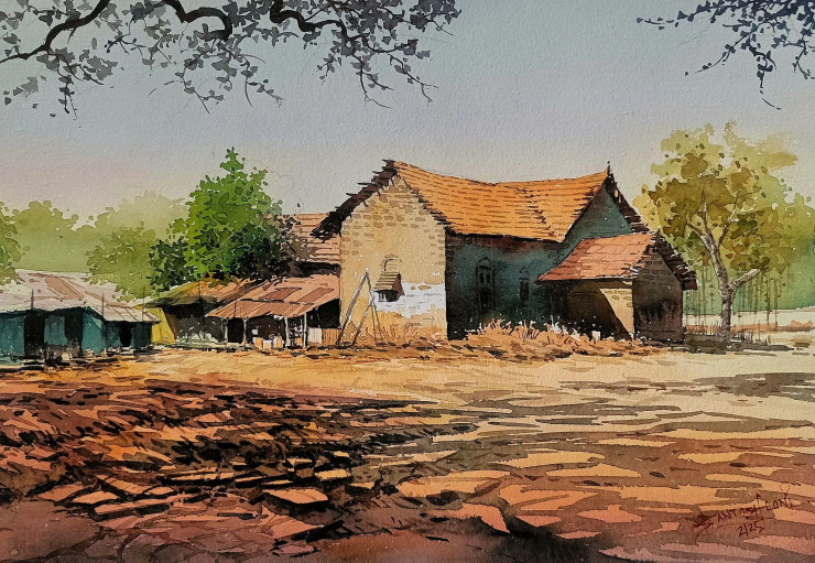 Light And Shadows A House (ART-8116-112362) - Handpainted Art Painting - 15in X 11in