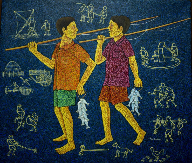 Fruitful Fishing (ART-17098-112369) - Handpainted Art Painting - 28in X 32in