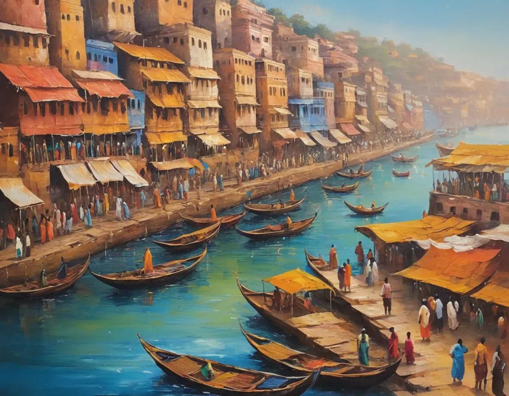Banaras Ghat Painting (ART-3319-112389) - Handpainted Art Painting - 48in X 36in
