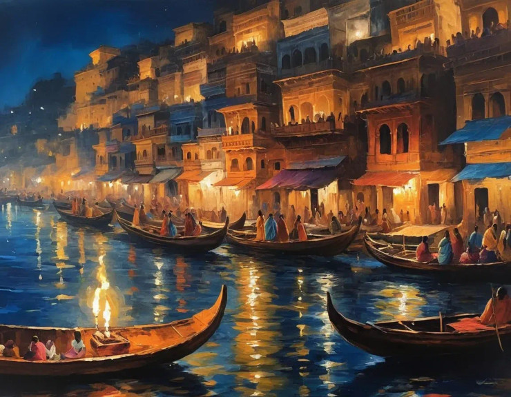 Varanasi Ghat Painting Night View (ART-3319-112395) - Handpainted Art Painting - 40in X 30in