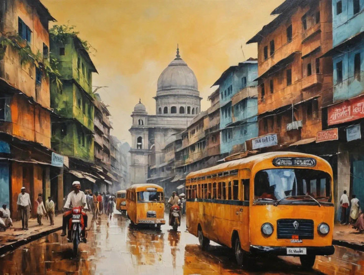 Kolkata Street Landscape Scenery Painting (ART-3319-112400) - Handpainted Art Painting - 36in X 30in