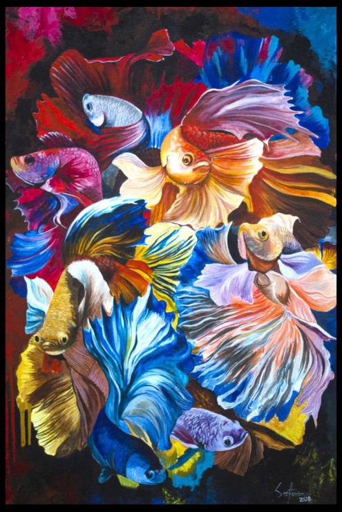 "Aquatic Elegance" . (ART-15772-112404) - Handpainted Art Painting - 24in X 36in