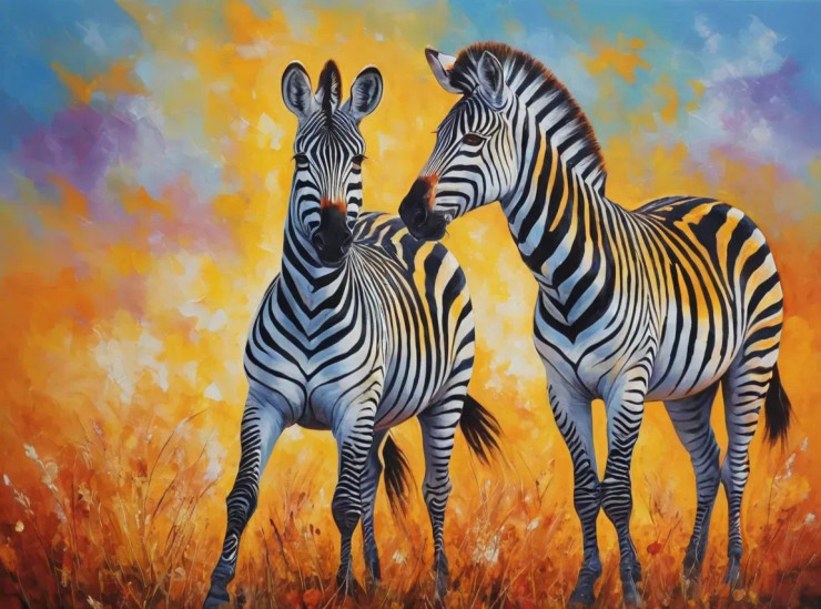 Pair Of Beautiful Zebras (ART-3319-112432) - Handpainted Art Painting - 48in X 30in